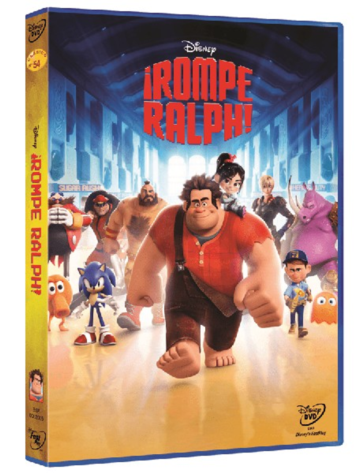 Portada de DVD: Personajes de la película ¡Rompe Ralph!, incluyendo Ralph, Sonic y otras figuras, sobre un fondo azul.