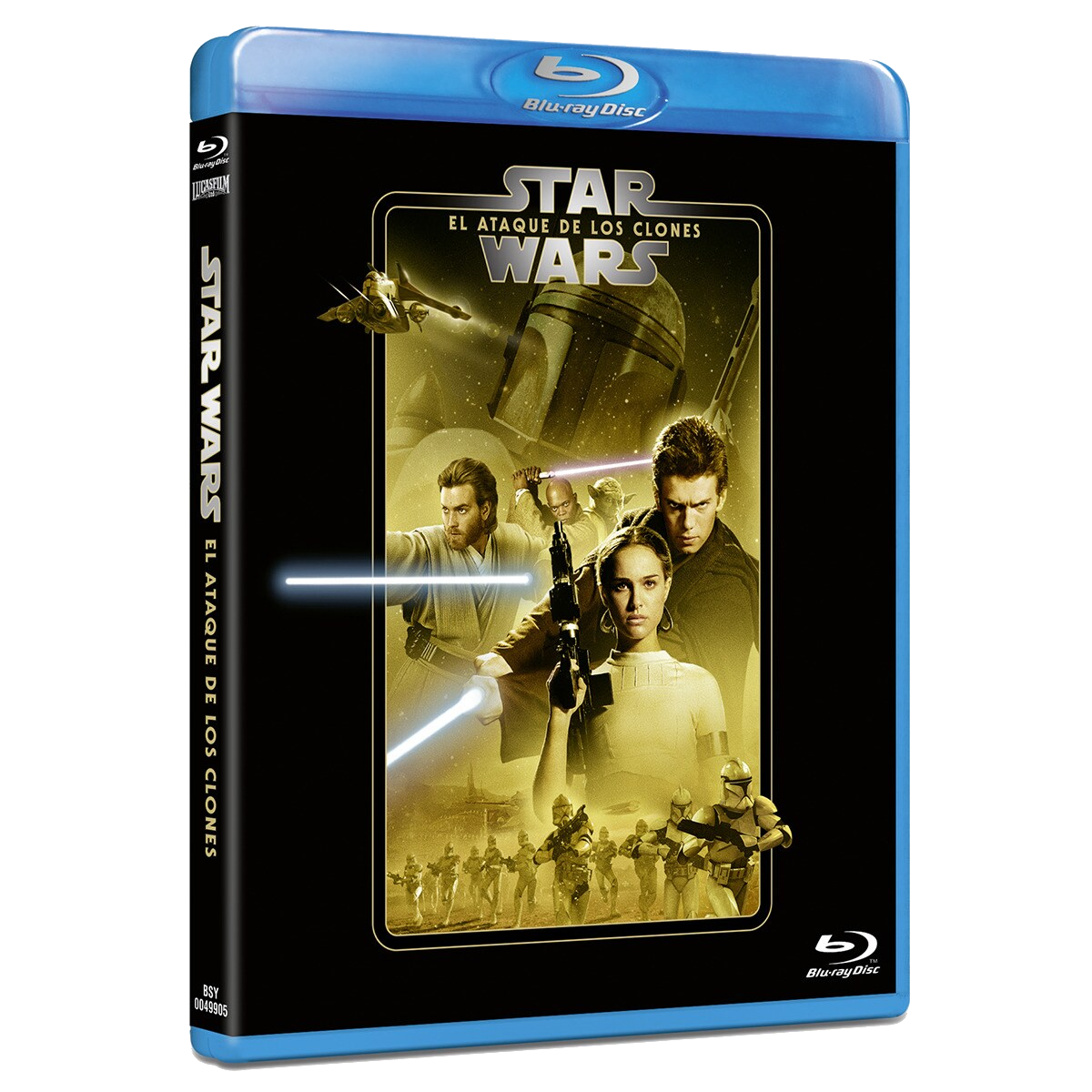 Funda de Blu-ray de Star Wars: El Ataque de los Clones. Presenta personajes de la película con una nave espacial.