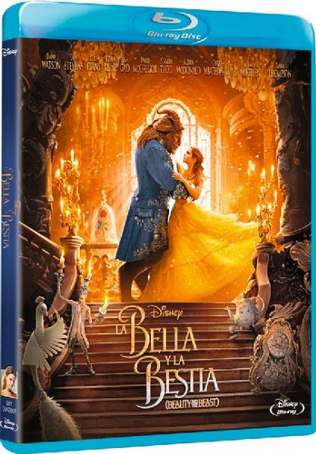 Portada de Blu-ray de 'La Bella y la Bestia' en español. Bella y la Bestia bailan en una escalera.