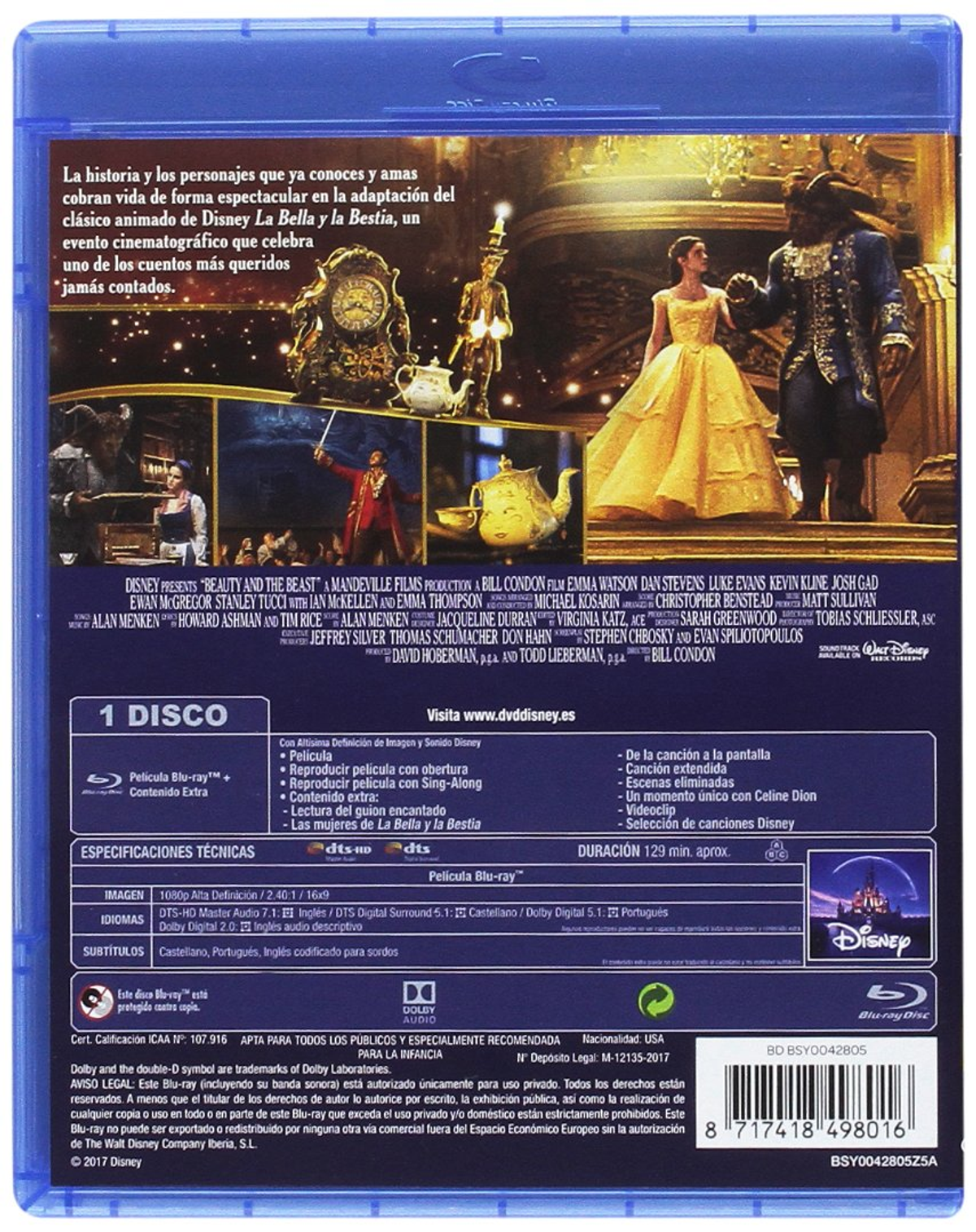 Parte trasera de la caja Blu-ray de La Bella y la Bestia. Se muestran texto e imágenes de la película.
