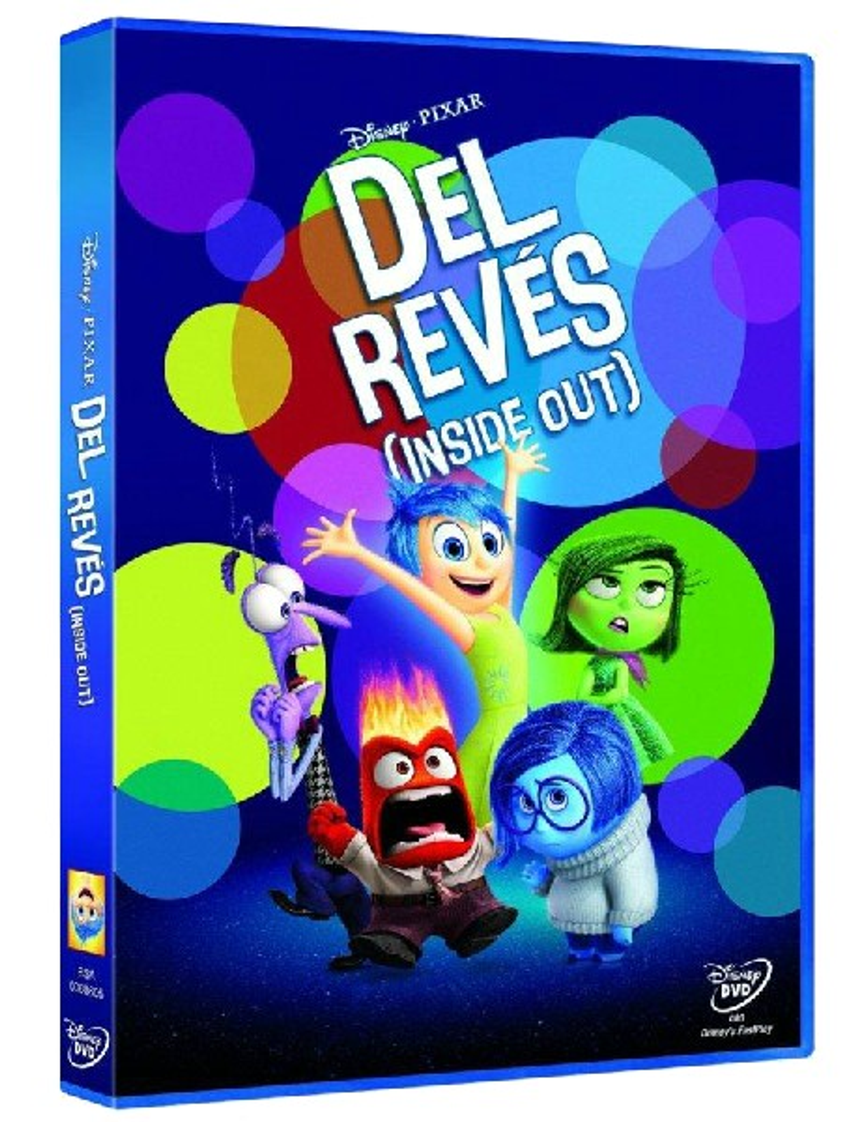 Portada de DVD de 'Del Revés' con personajes coloridos sobre un fondo azul y morado.