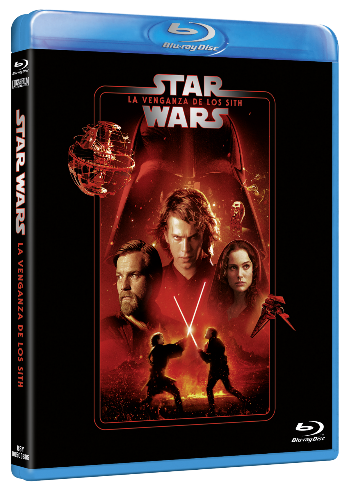 Portada de Blu-ray de Star Wars, fondo rojo con personajes, incluyendo Darth Vader y Anakin.