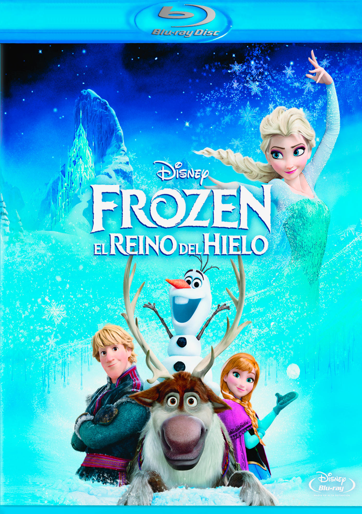 Portada de Blu-ray de la película Frozen con Elsa, Anna, Olaf y Kristoff.