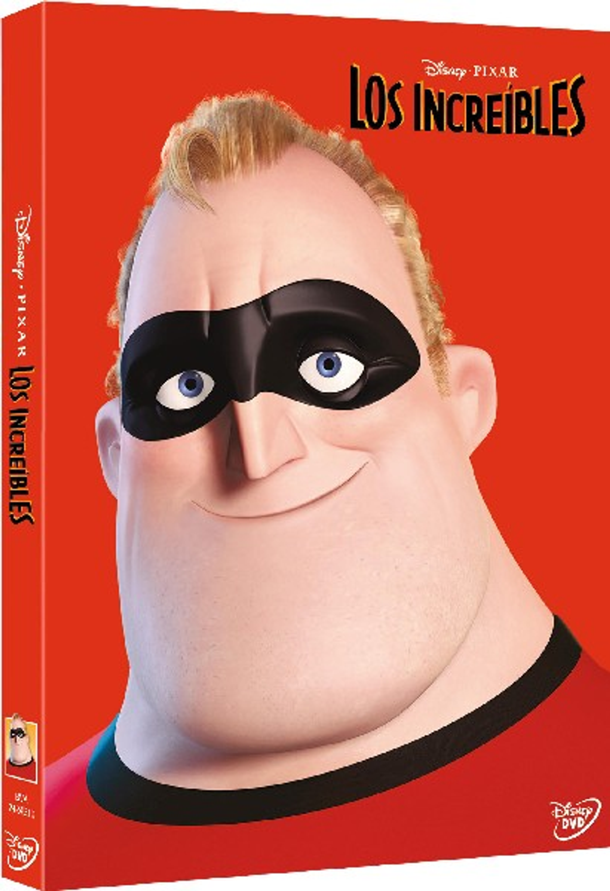 Funda de DVD con el título 'Los Increíbles', una cara de un hombre de dibujos animados.