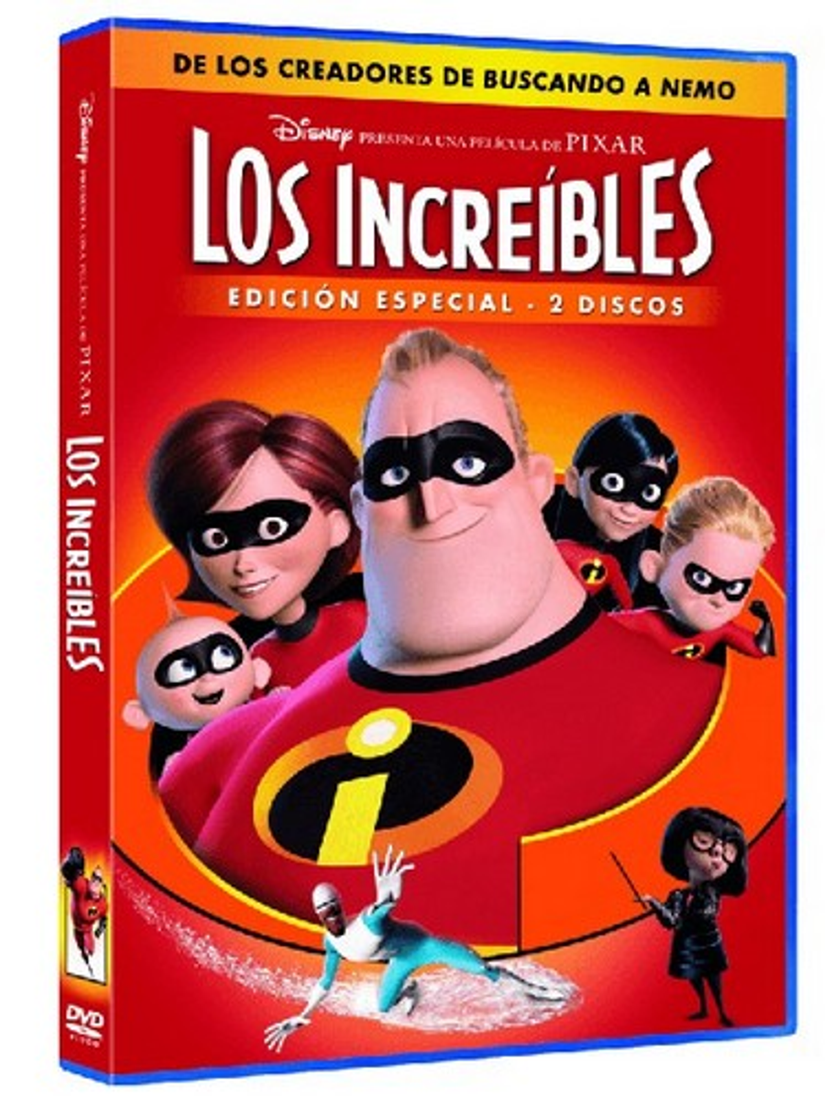Portada de DVD de 'Los Increíbles'. La familia, con máscaras y trajes rojos, en primer plano, fondo azul.