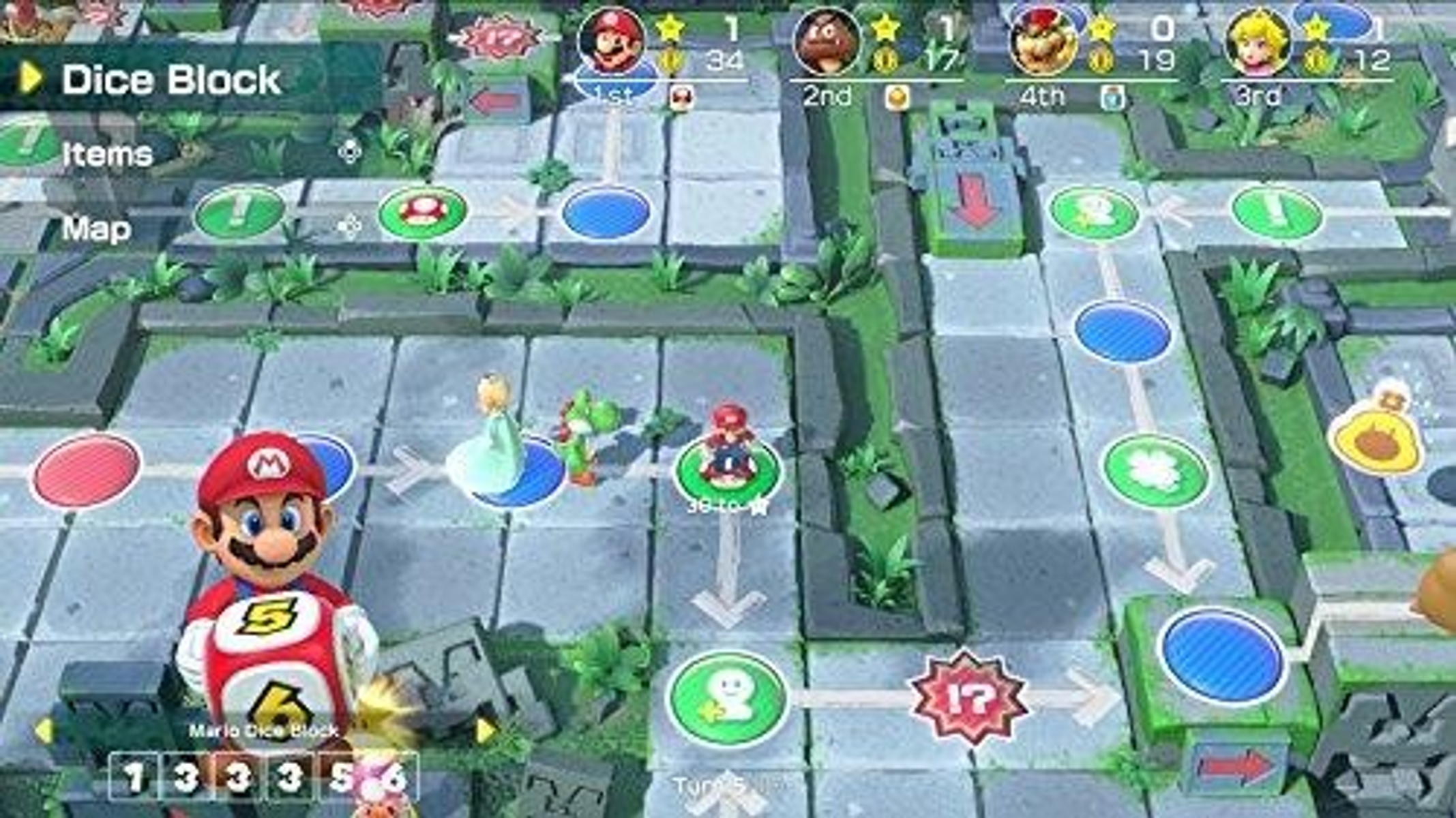 Plansza do gry Mario Party, prezentująca Mario, Yoshiego i inne postacie na kolorowym, przypominającym grę interfejsie.