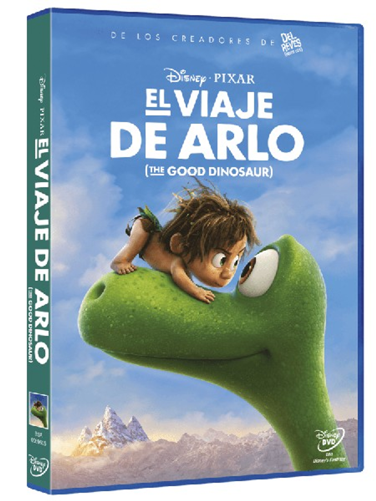 Portada de DVD de El Viaje de Arlo con un niño y un dinosaurio con un fondo de cielo azul.