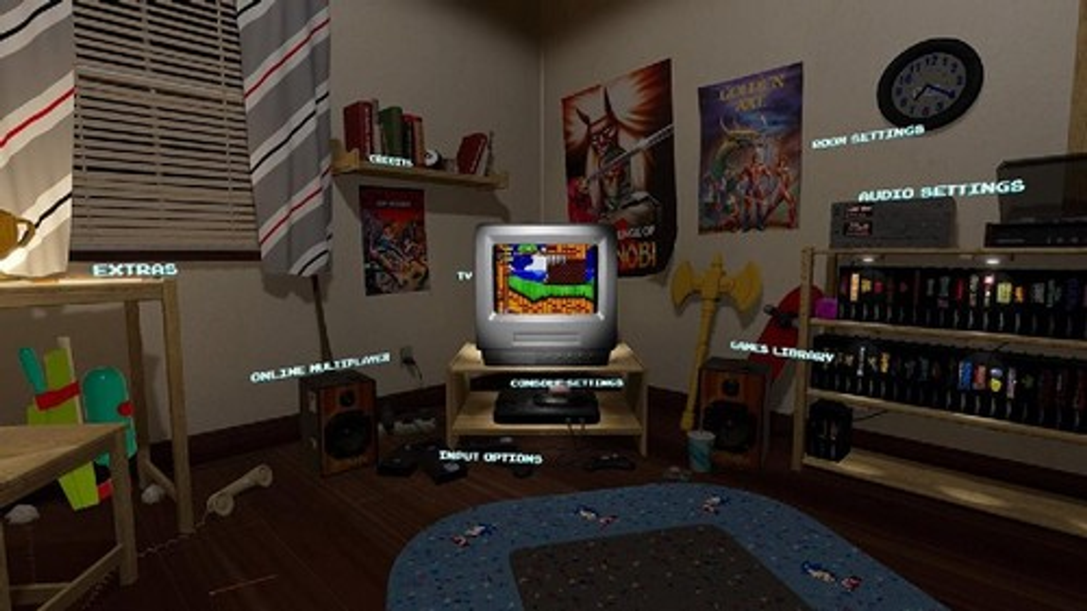 Una sala de videojuegos retro. Una pantalla de TV, una consola, estanterías con juegos y carteles en la pared.