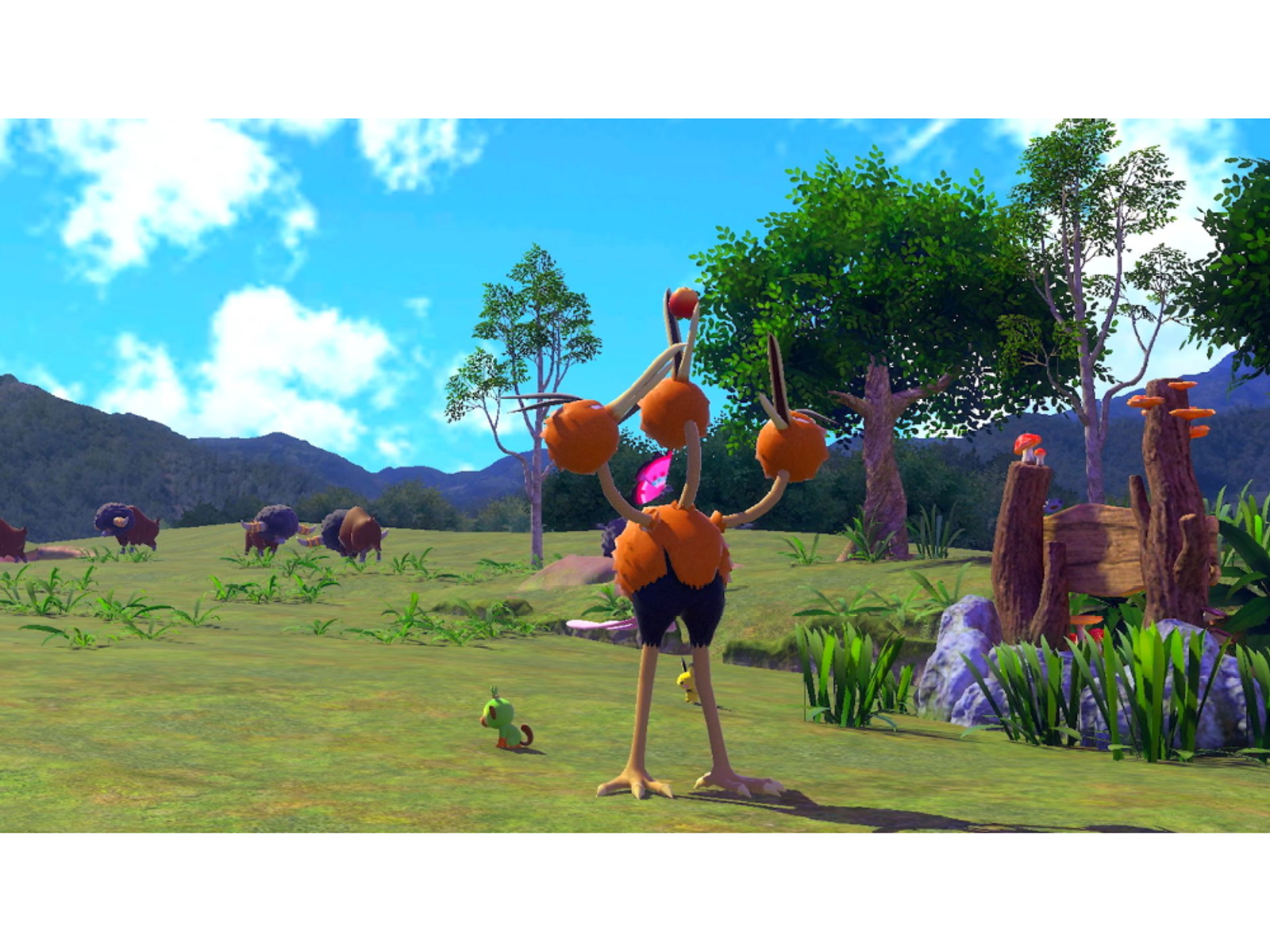 Stworzenie podobne do strusia z pomarańczowymi ramionami stoi, z zielonym polem i górami w tle.