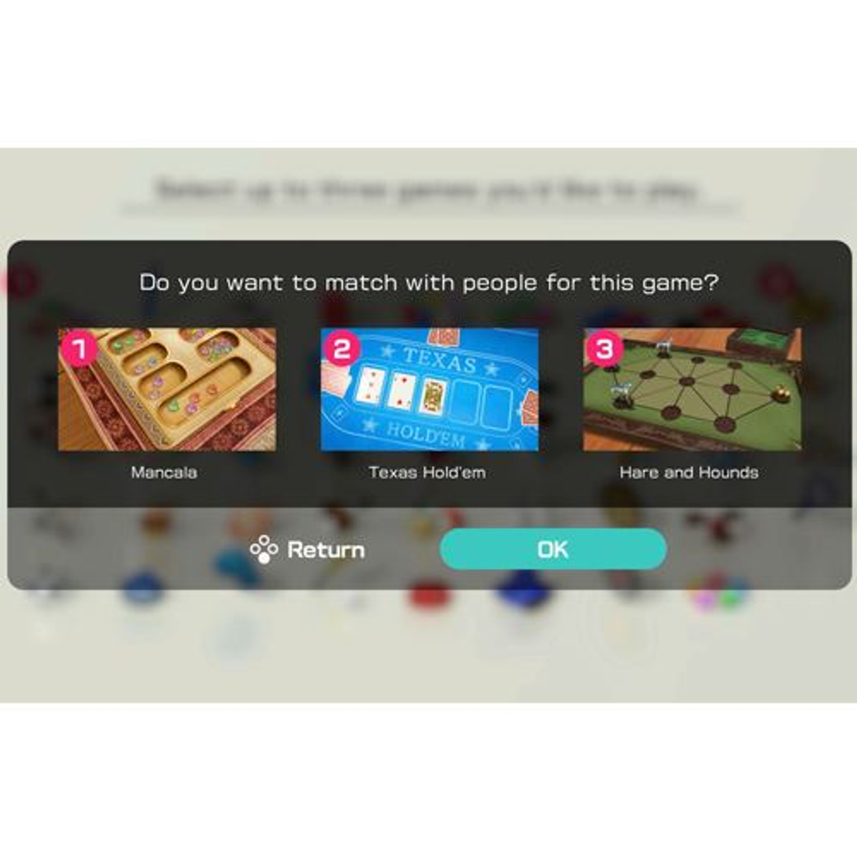 Ekran gry z trzema opcjami gry: Mancala, Texas Hold'em i Hare and Hounds. Tekst z pytaniem, czy chcesz dopasować.