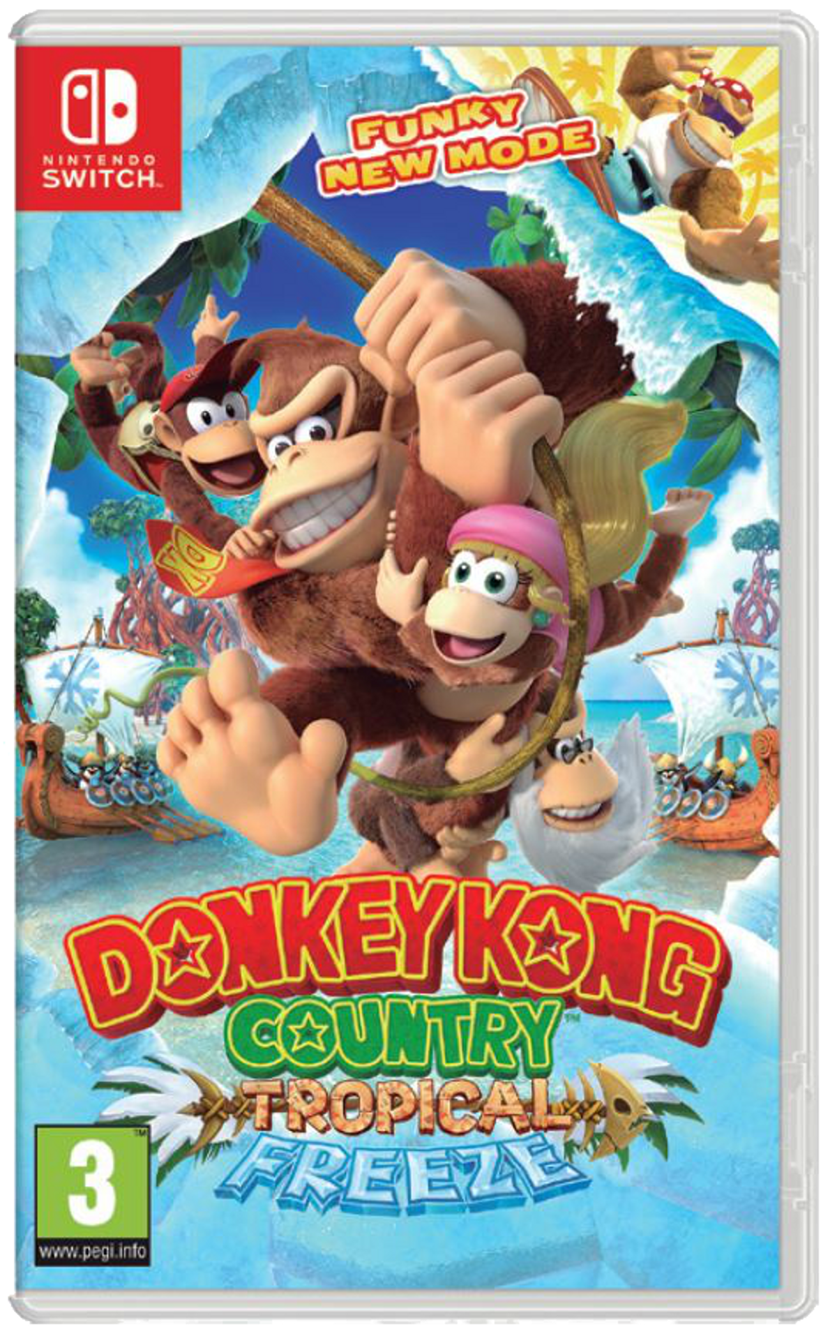 Pudełko gry Donkey Kong Country: Tropical Freeze. Przedstawia Donkey Konga i inne postacie w akcji.