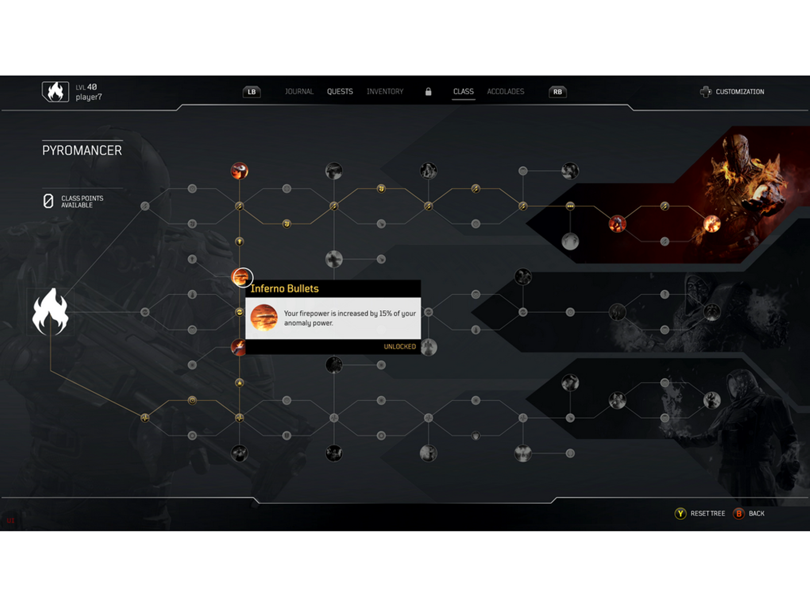 Interfejs gry wideo. Drzewko umiejętności z klasą PyroMancer, „Inferno Bullets” jest odblokowane.
