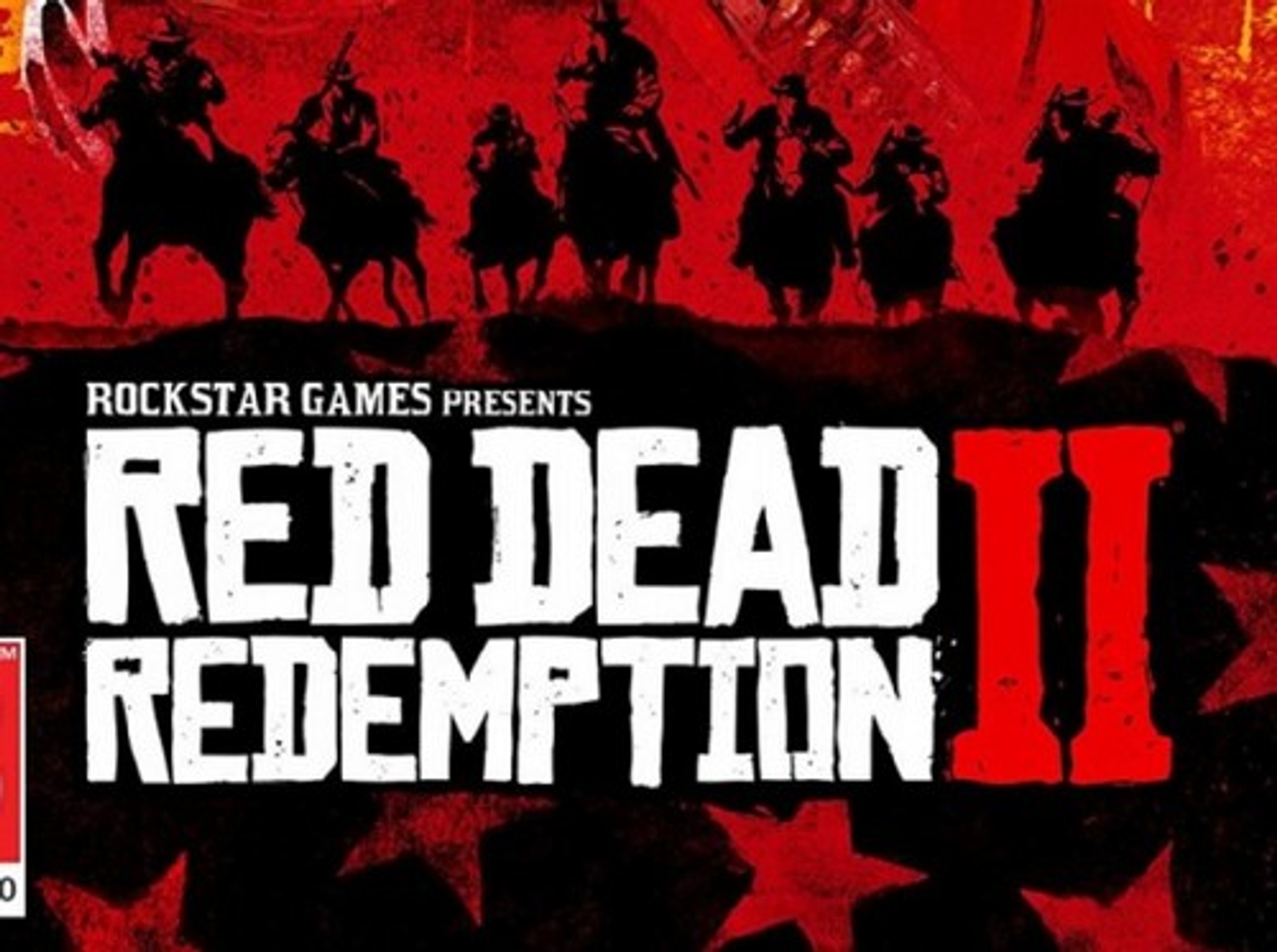 Okładka gry. Tytuł Red Dead Redemption II na czerwonym tle, z sylwetkami jeźdźców i czerwonymi gwiazdami.