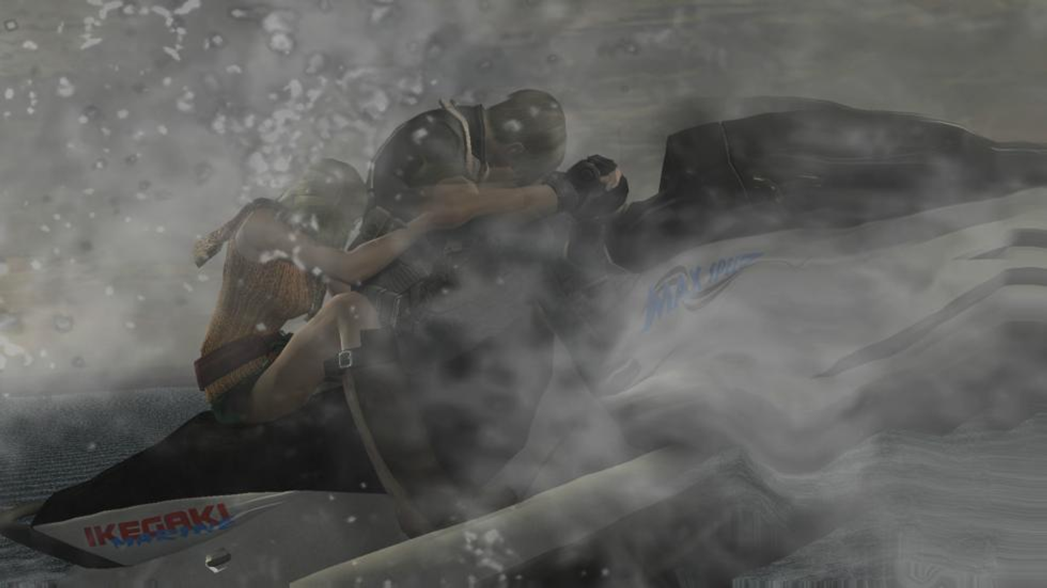 Immagine sfocata di un uomo e una donna su una moto d'acqua, l'acqua che schizza intorno a loro.