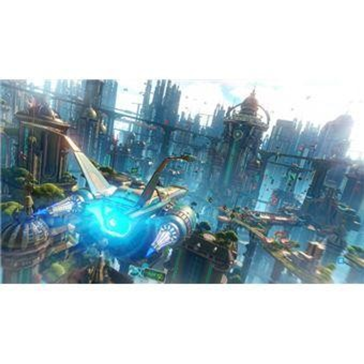 Ciudad futurista con vehículos voladores. Edificios, puentes y agua. Entorno brillante.