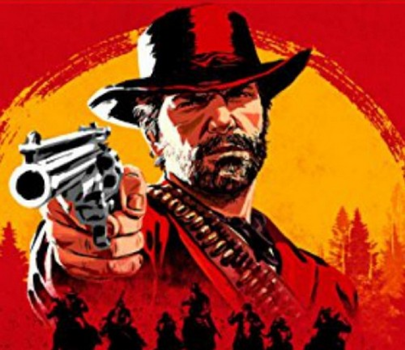 Grafika na okładce gry Red Dead Redemption 2. Mężczyzna trzymający broń z innymi postaciami w tle.