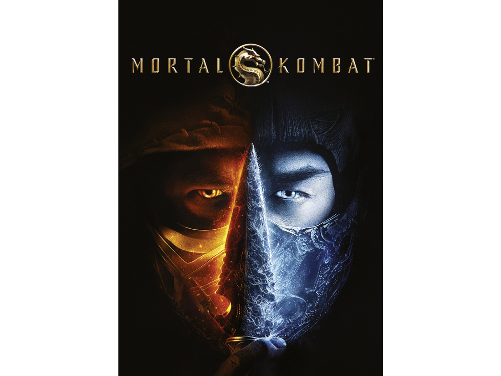 Portada del juego Mortal Kombat. Rostros divididos con fuego y hielo. Logotipo en la parte superior.