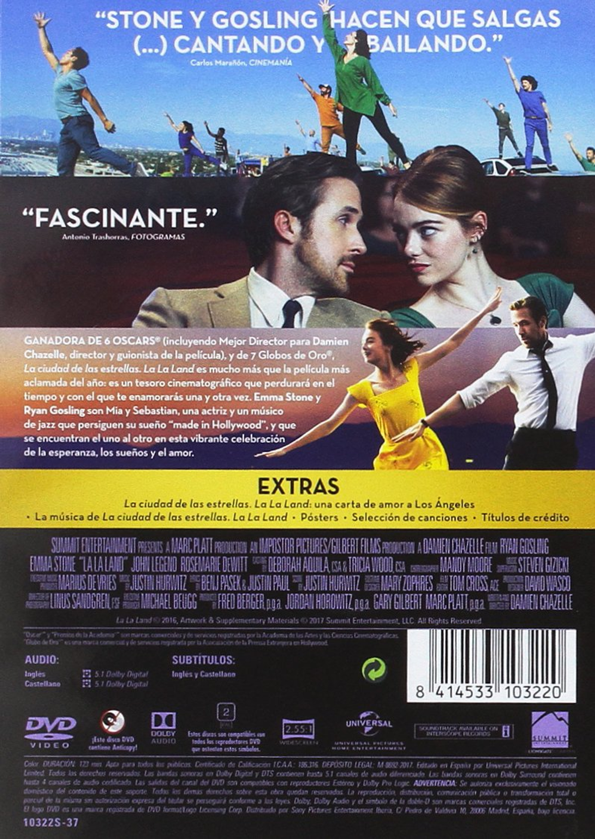 Portada de La La Land en DVD. Ryan Gosling y Emma Stone bailando. Fondo de ciudad, colorido.