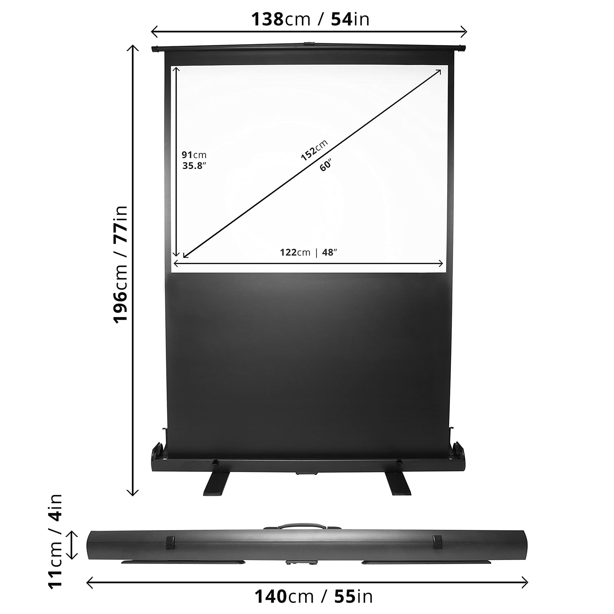 Pantalla de proyector negra con dimensiones etiquetadas y una funda en el suelo.