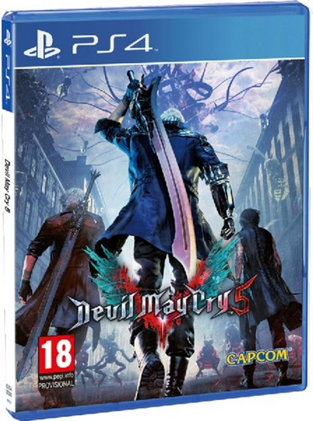 Portada del juego Devil May Cry 5 PS4. Personajes con armas, fondo oscuro.