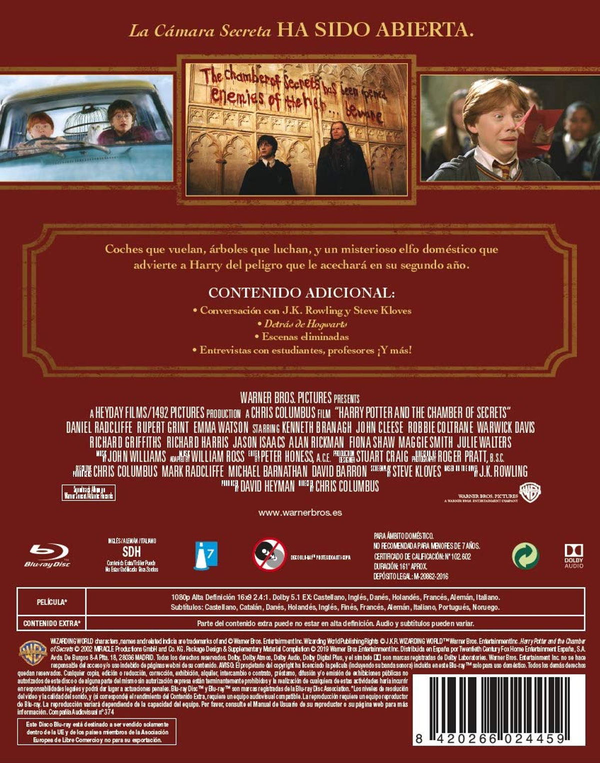 Parte trasera de la caja Blu-ray de Harry Potter y la Cámara Secreta. Contiene texto e imágenes de la película.