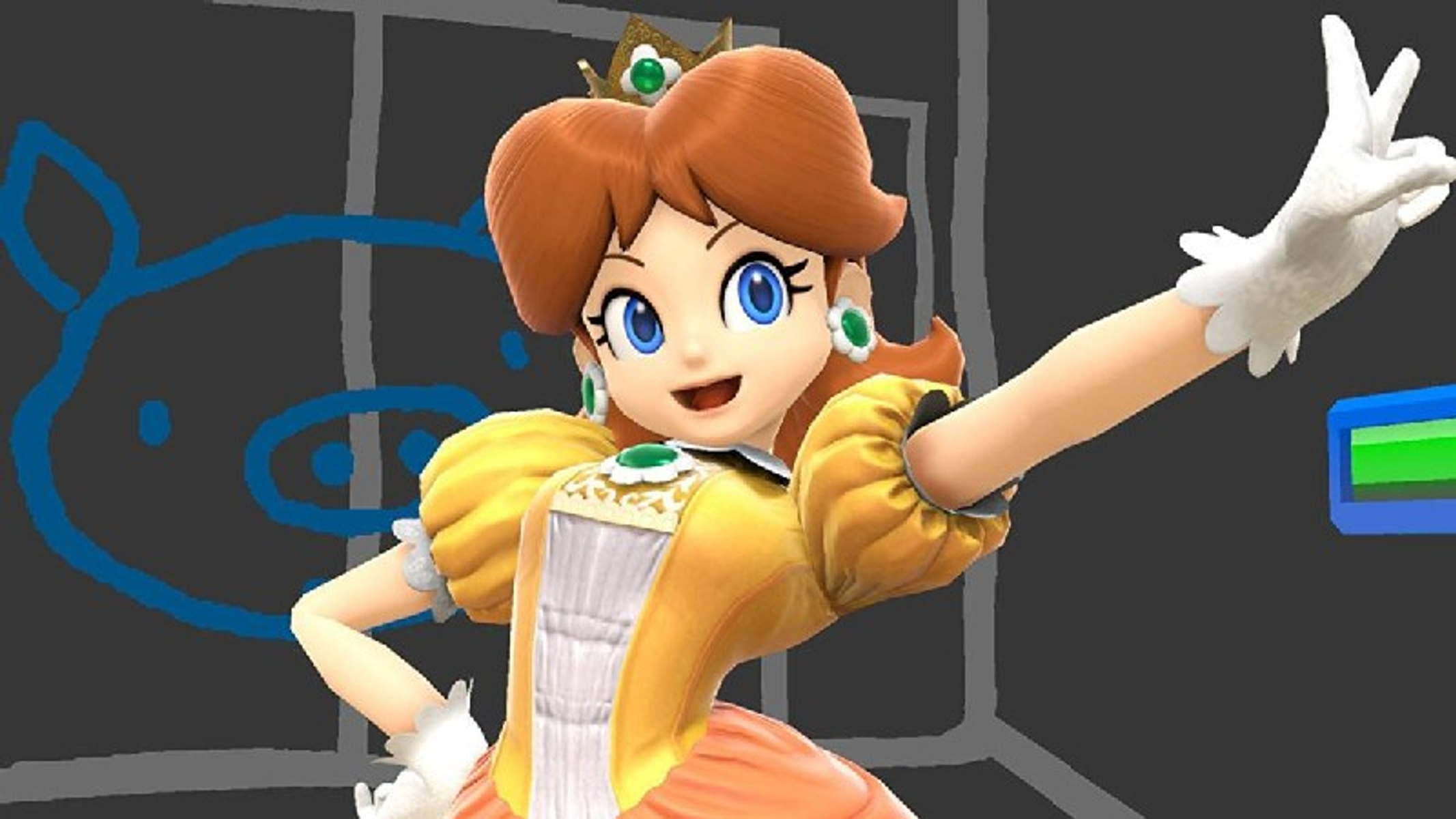 Księżniczka Daisy z Super Smash Bros. uśmiechnięta z znakiem pokoju.