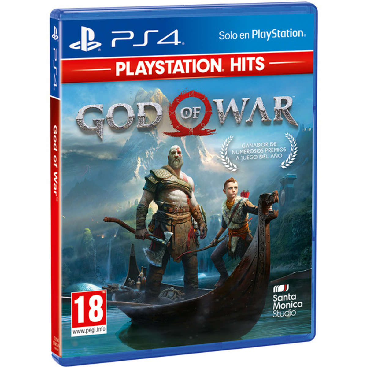 Portada del juego God of War para PS4. Kratos y niño en un bote, hacha y arco, fondo nevado, logotipo de PlayStation.