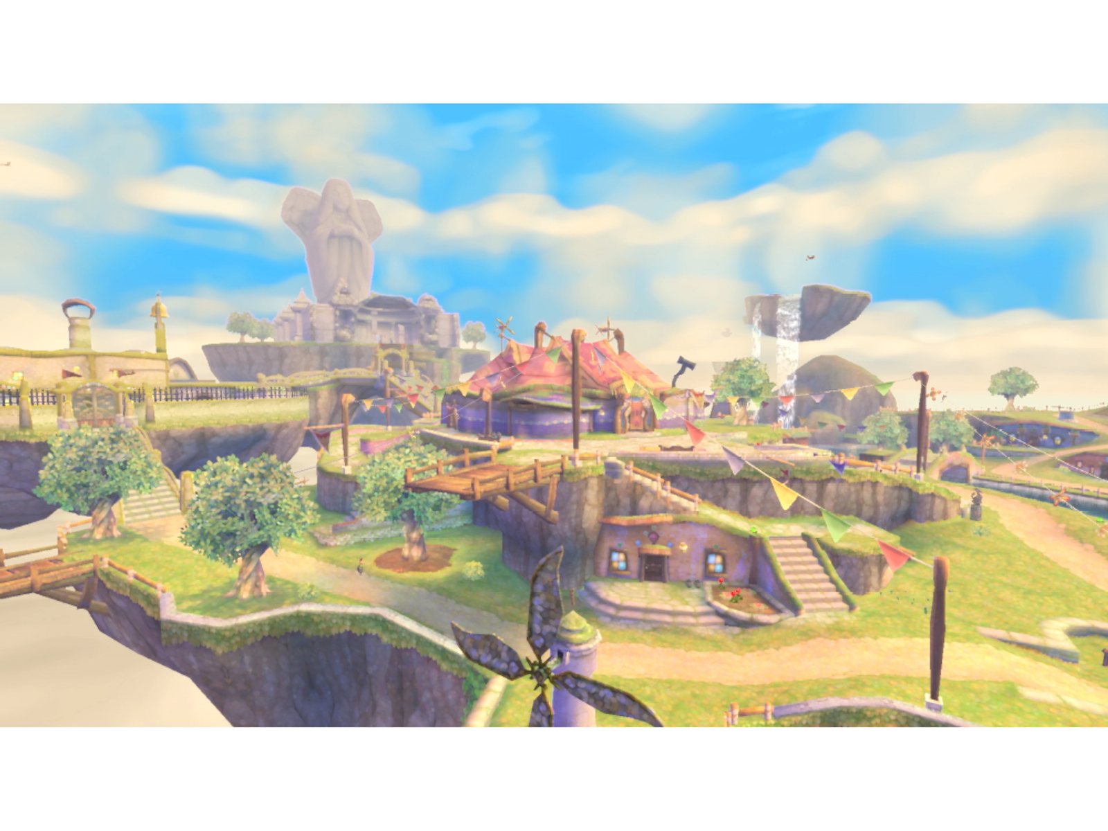 Una escena de juego animada y vibrante con islas flotantes, edificios y personajes, bajo un cielo nublado.
