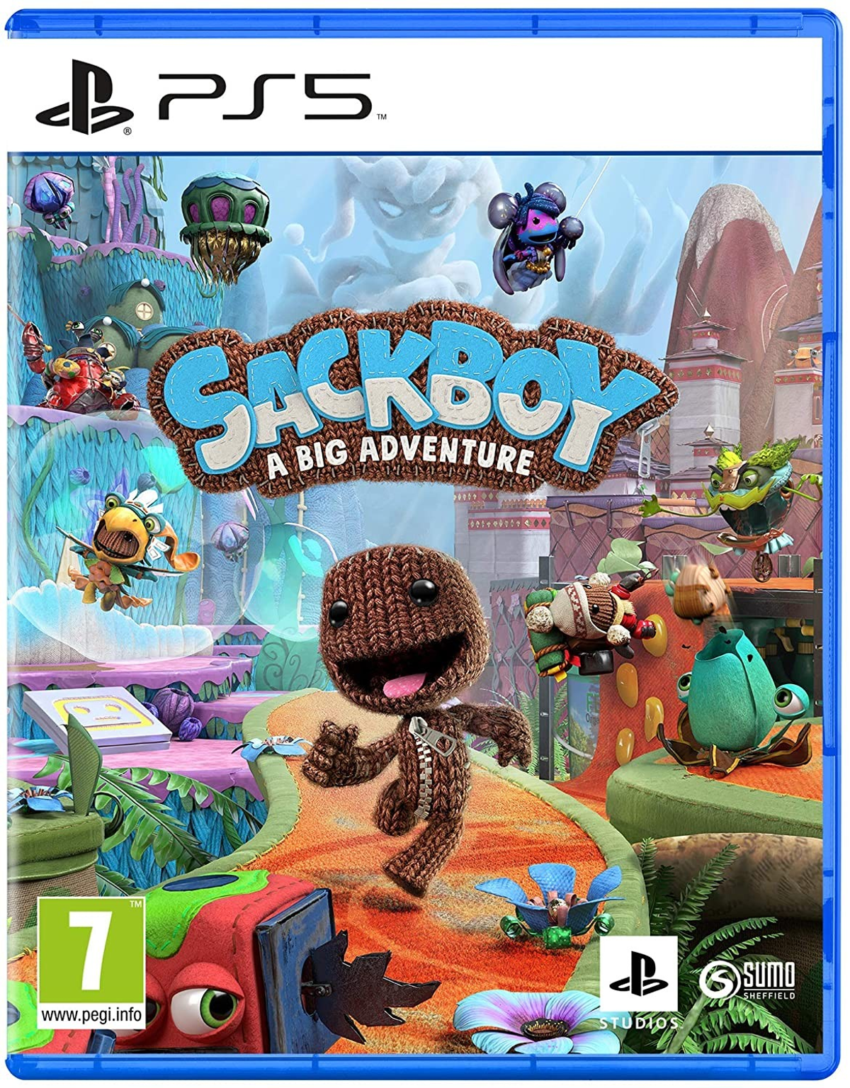 Caja del juego Sackboy con personaje marrón, fondo colorido y logo PS5.