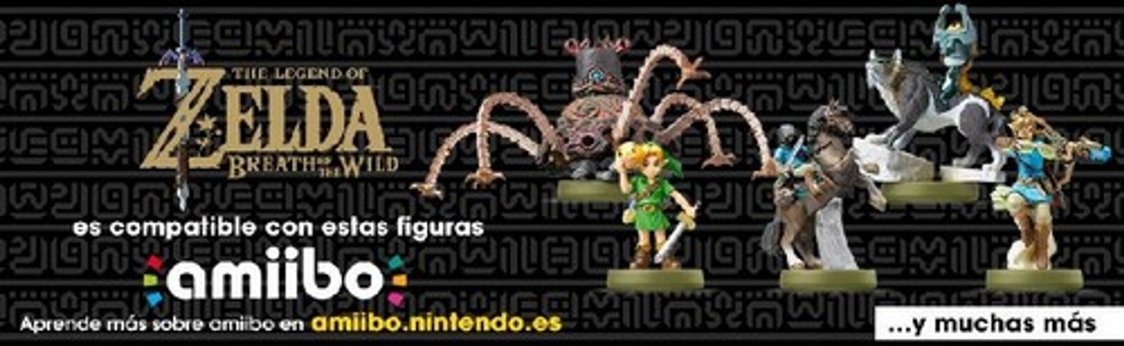 Figurki Zelda Amiibo. Różne postacie na czarno-białym tle. Tekst po hiszpańsku.