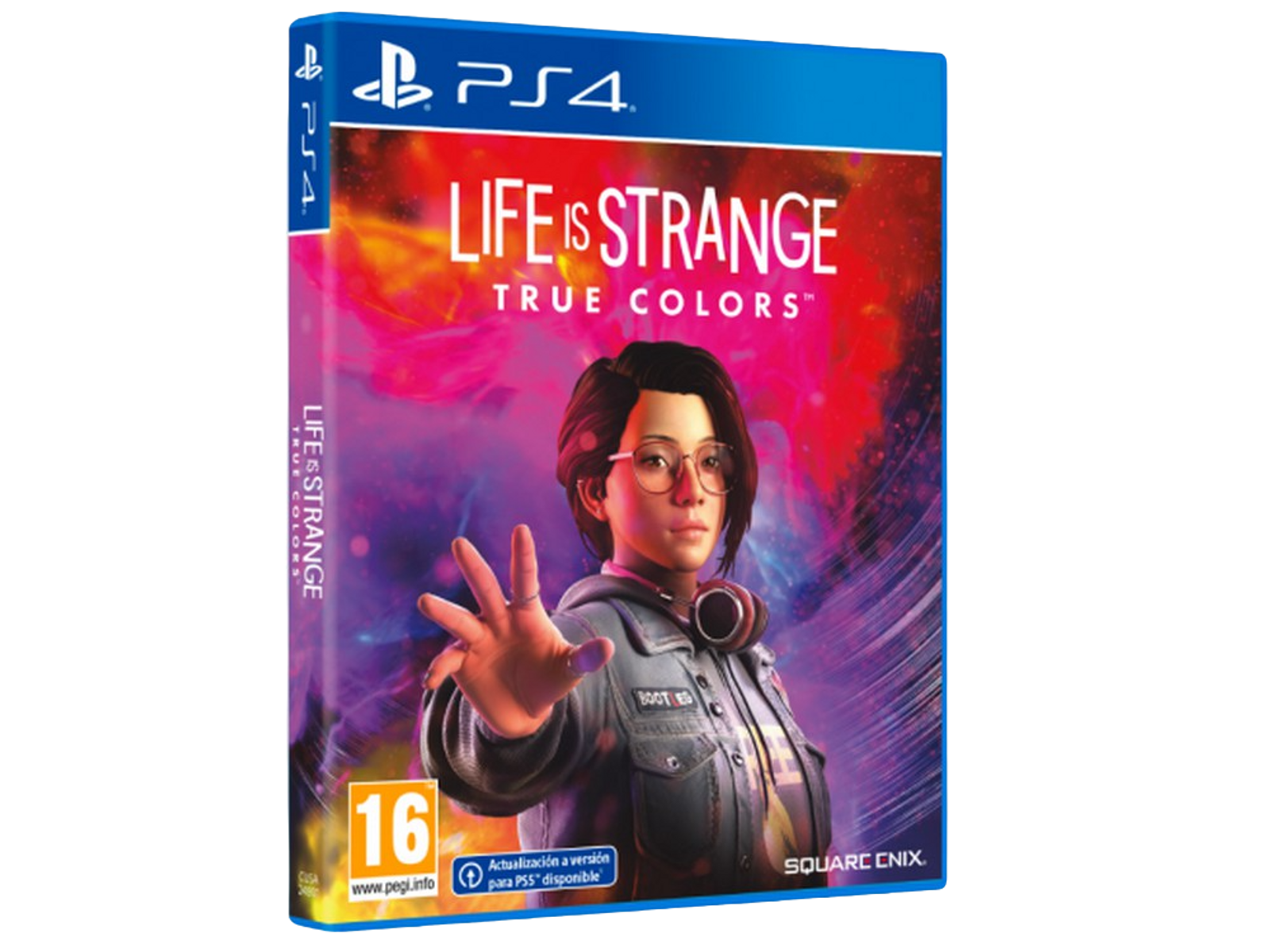 Okładka gry na PS4: Kobieta w okularach wyciąga rękę w stronę widza. Tytuł: Life is Strange: True Colors.