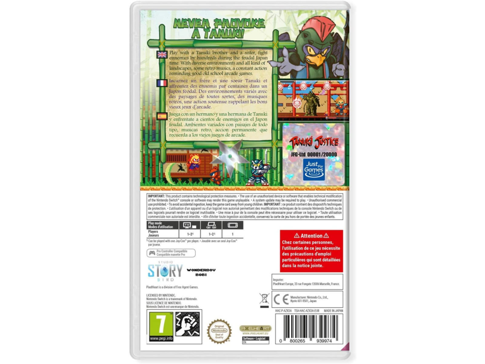 Retro di una custodia di gioco per Nintendo Switch. Testo e immagini descrivono il gioco e le sue funzionalità.
