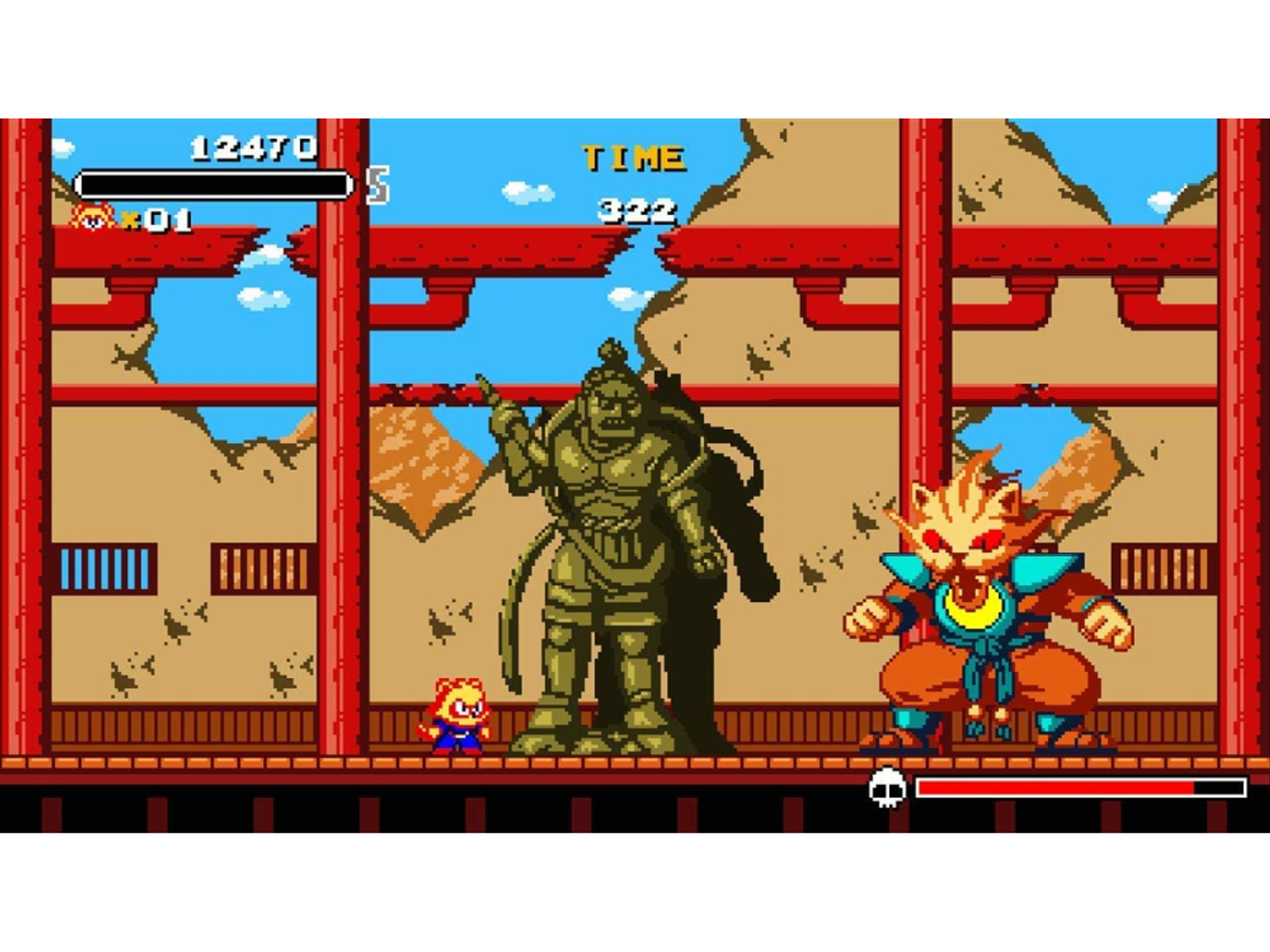 Scena di gioco pixelata con un personaggio simile a un gatto che combatte contro un altro in un tempio con una statua.