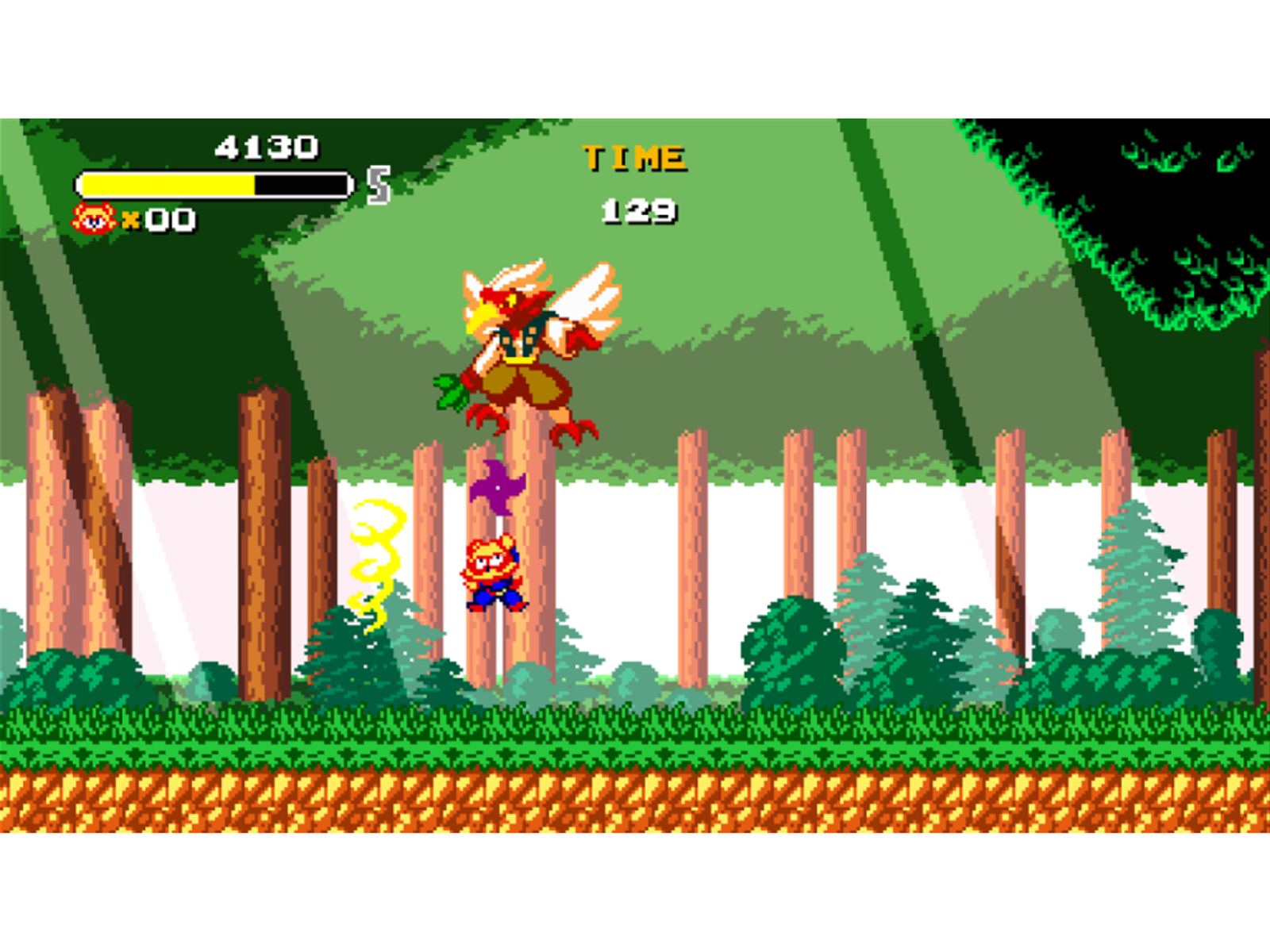 Una pantalla de juego pixelada con un personaje volador. Puntuación y tiempo se muestran.