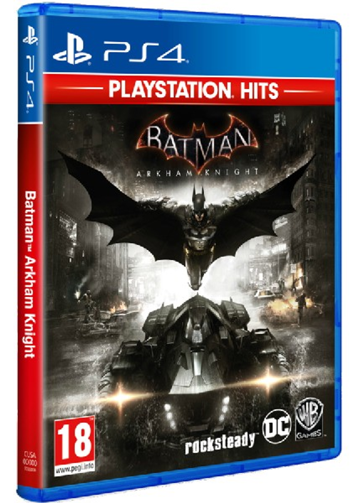 Caja de juego de PS4 para Batman Arkham Knight, con Batman, un batmóvil y una ciudad.