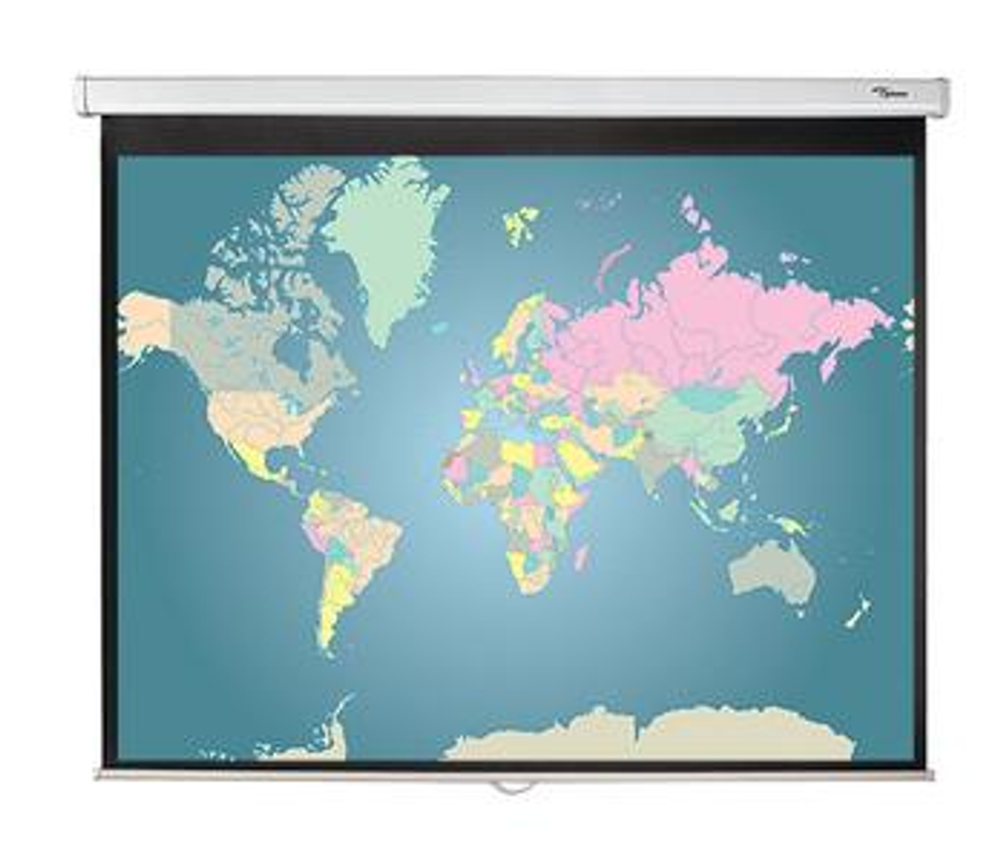 Una mappa del mondo visualizzata su uno schermo di proiezione, che mostra i paesi in vari colori.