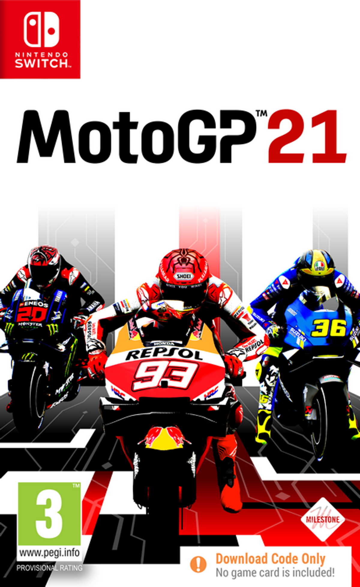 Copertina del gioco MotoGP 21. Tre piloti in moto corrono. Il logo Switch è in alto a sinistra.