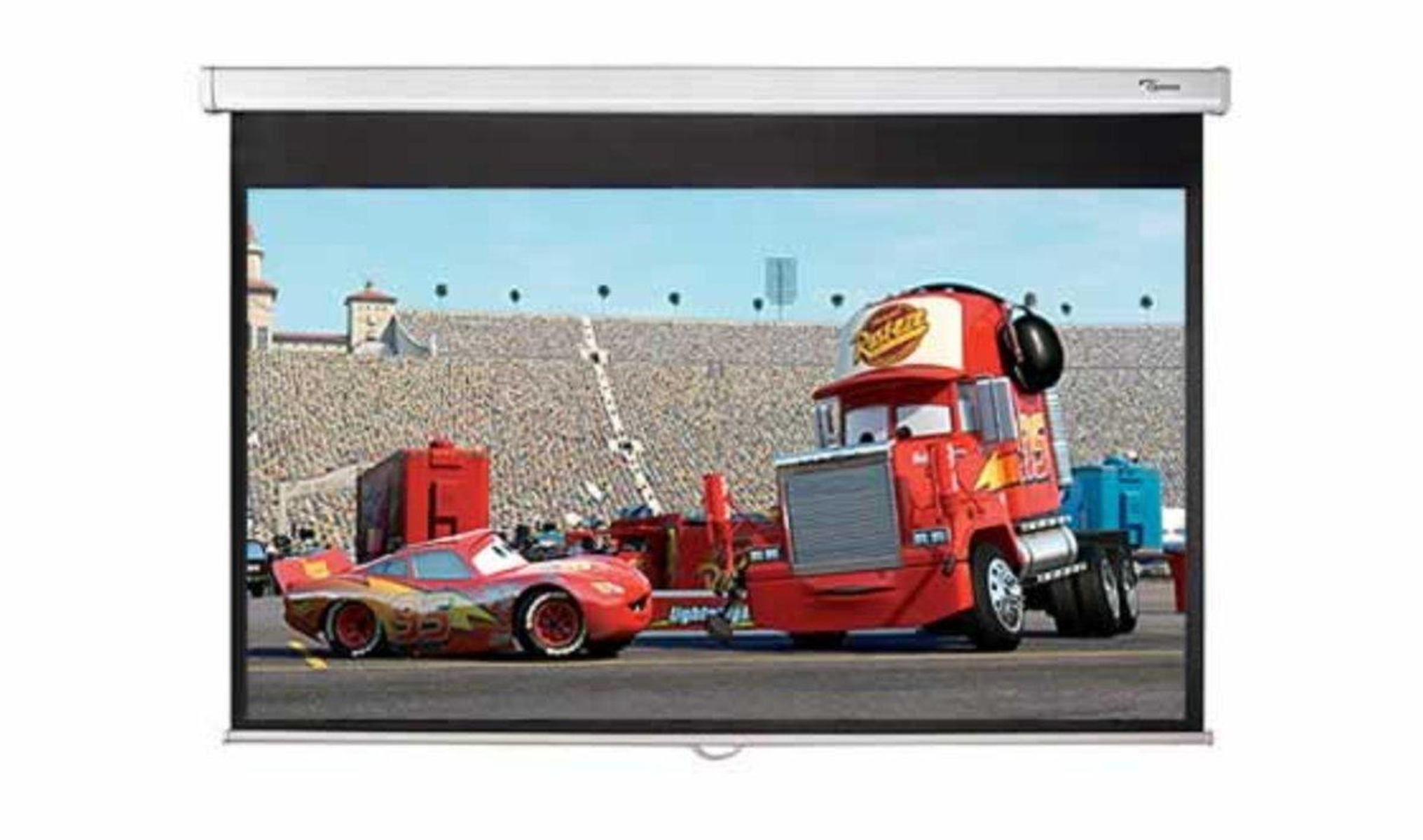 Projector screen displaying a movie scene with cars.