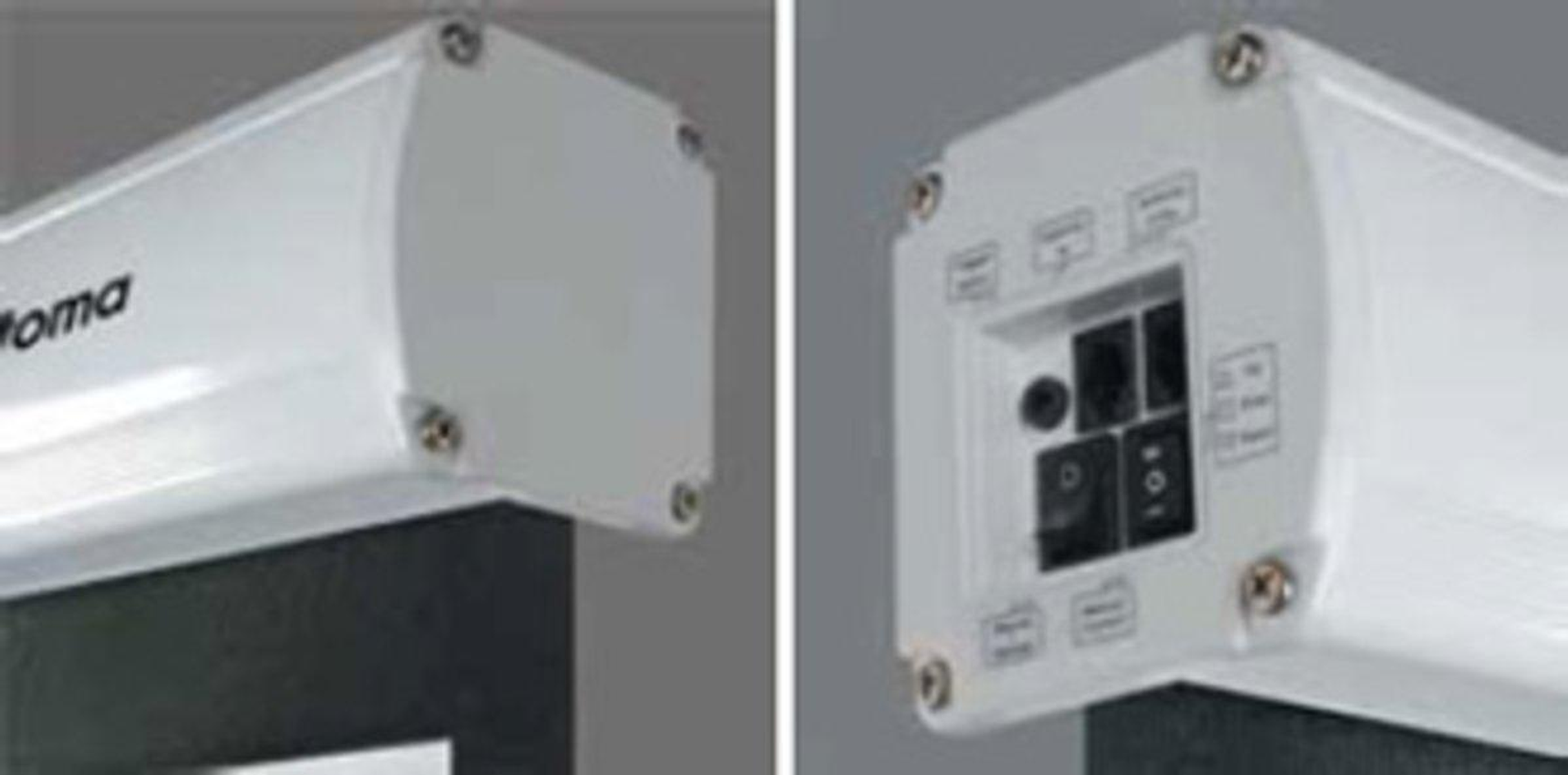 Dos vistas de cerca de una carcasa blanca de pantalla de proyector. Una muestra controles e interruptores.