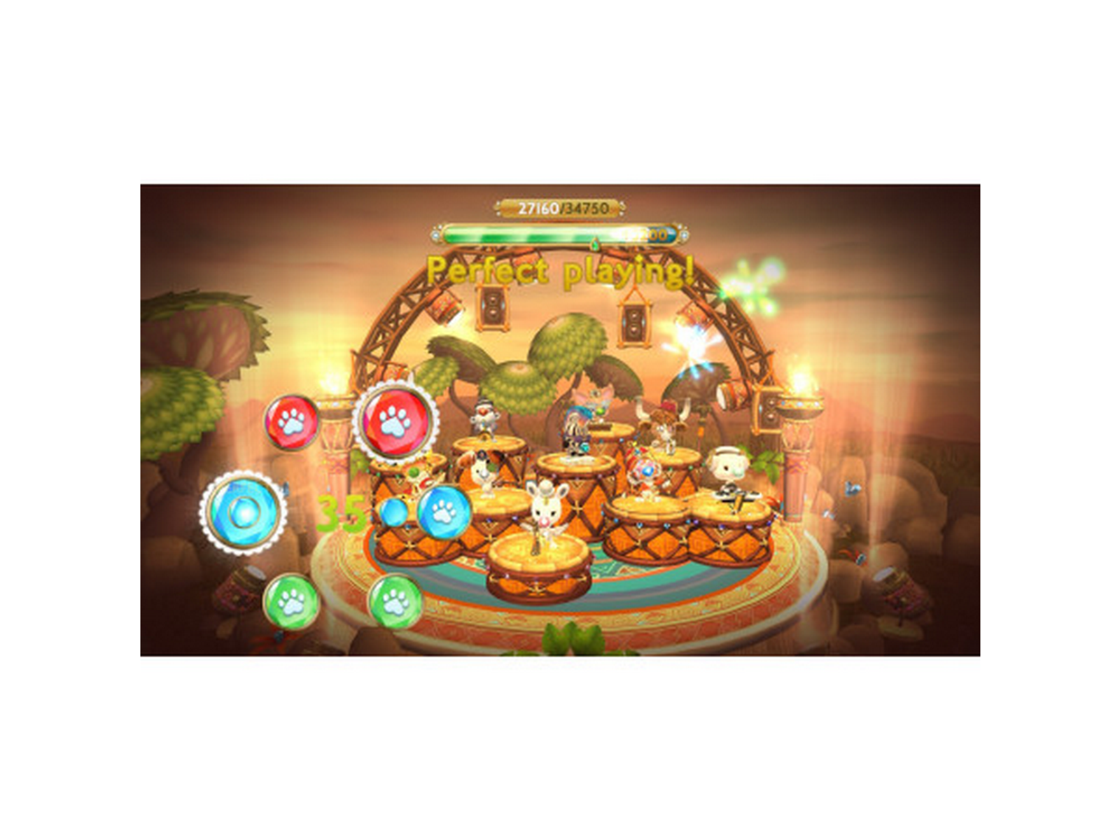 Uno schermo di gioco per dispositivi mobili con personaggi animati colorati e tamburi.