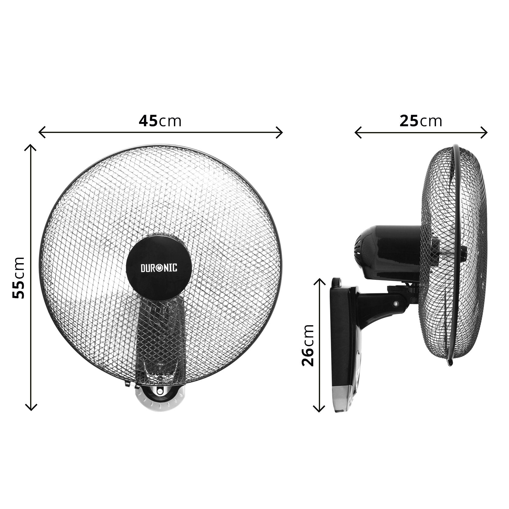 Ein Wandventilator mit Maßen. Der Lüfter ist schwarz, die Blätter sind braun.