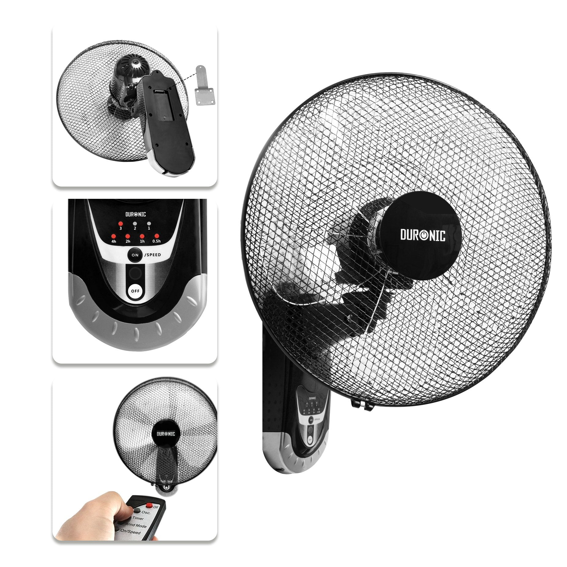 Wandventilator mit Fernbedienung und Nahaufnahme der Details des Ventilators.