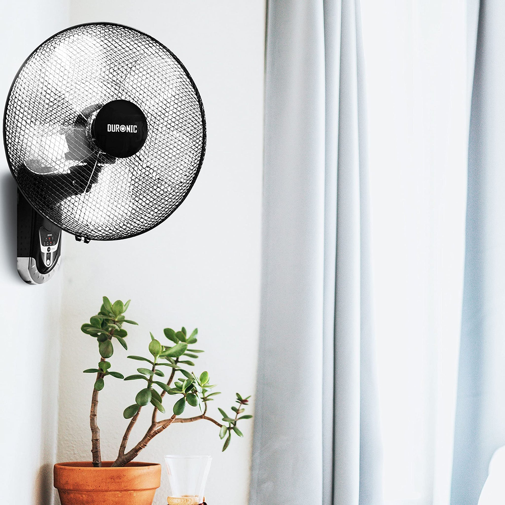 Ein schwarzer, an der Wand befestigter Ventilator über einer Topfpflanze. Rechts ist ein heller Vorhang.