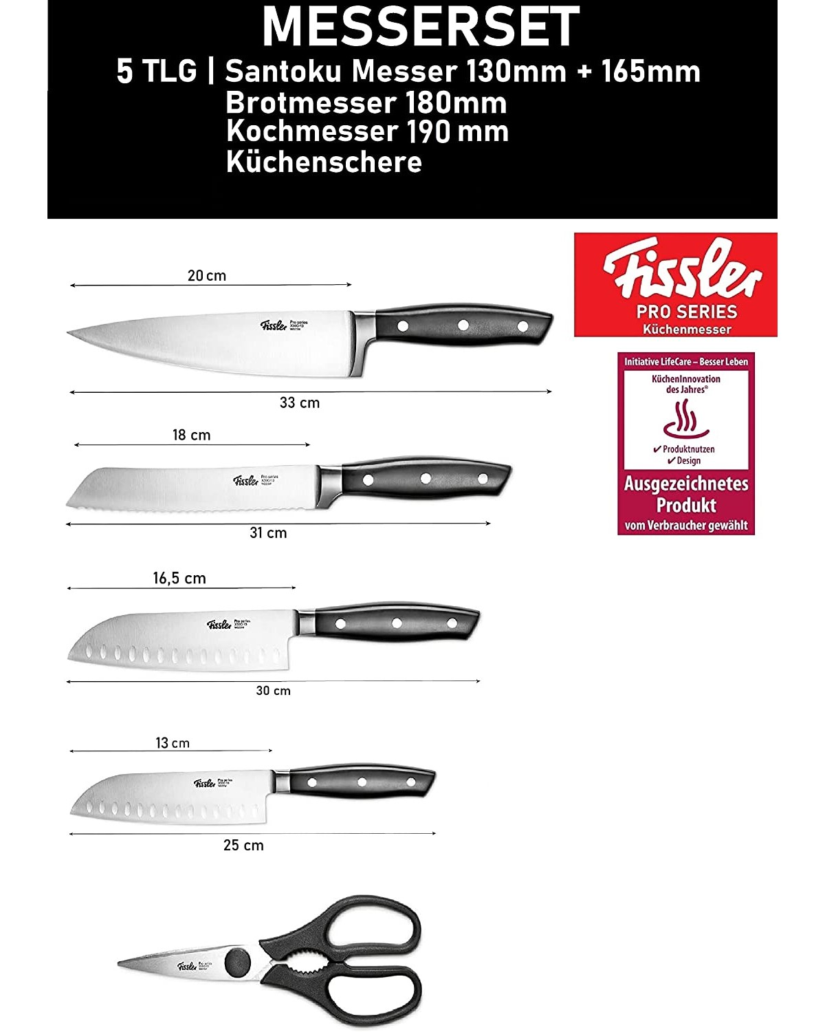 Ein Set aus fünf Küchenmessern und einer Schere. Messer sind mit Abmessungen angeordnet. Die Marke ist Fissler.