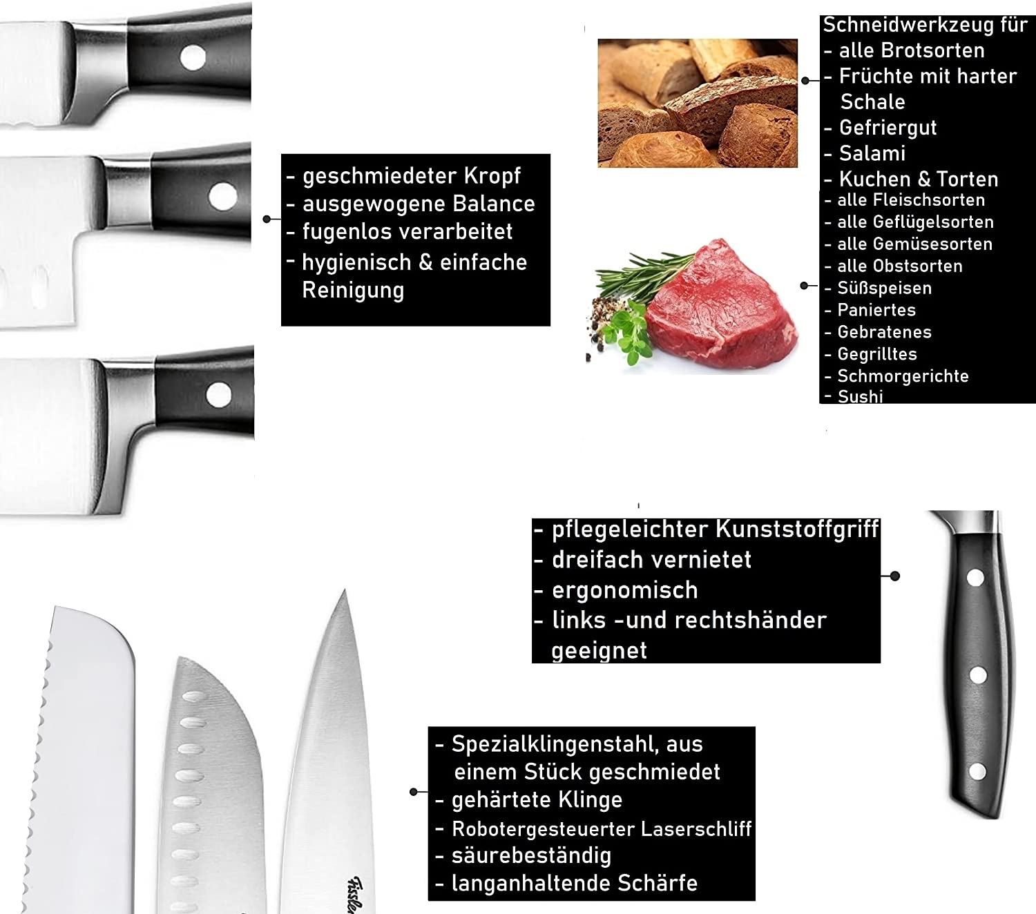 Messer und ein Steak werden angezeigt. Text beschreibt Merkmale wie geschmiedete Klinge und einfache Reinigung.