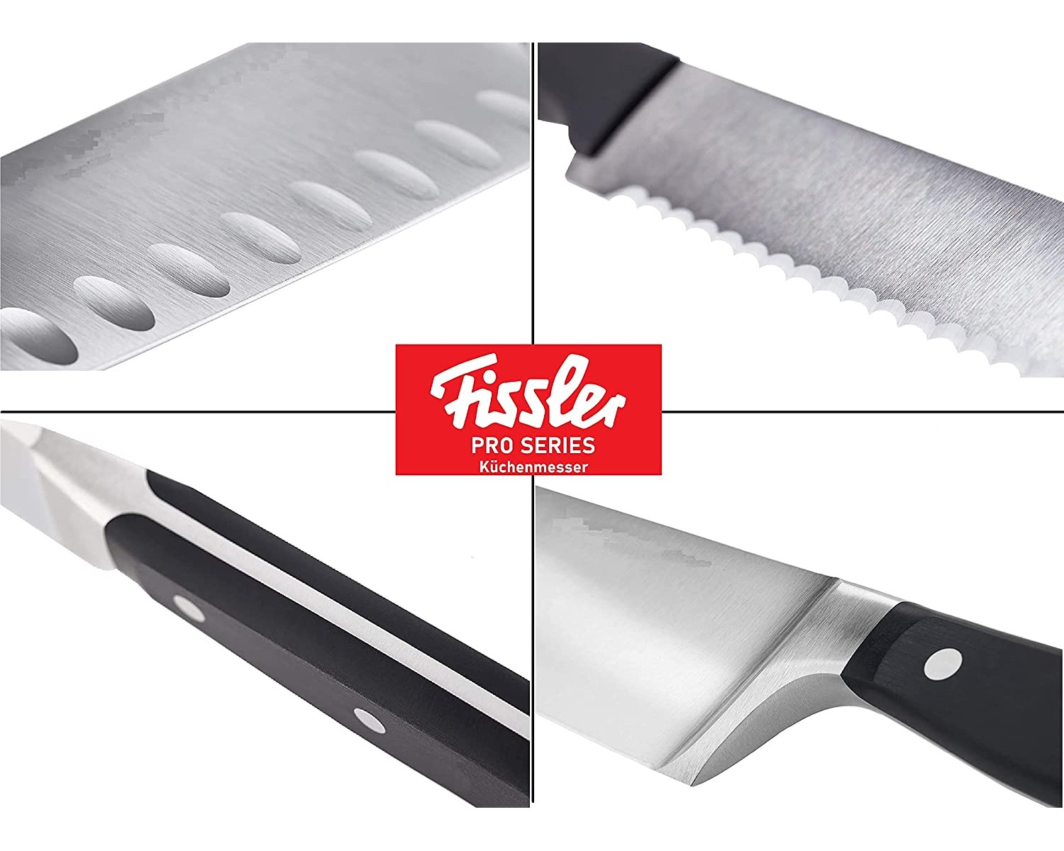 Nahaufnahme von vier Messern. Die Messer haben unterschiedliche Klingen und Griffe. Das Fissler-Logo ist in der Mitte.