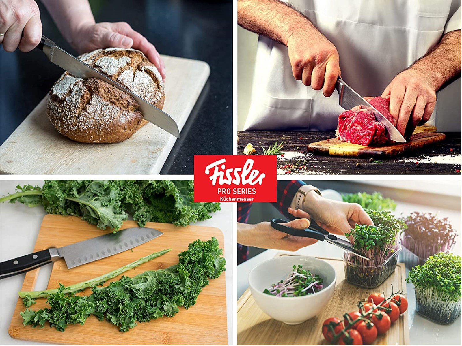 Vier Bilder von Lebensmitteln, die mit Messern geschnitten werden. Brot, Fleisch, Grünkohl und Microgreens werden gezeigt.