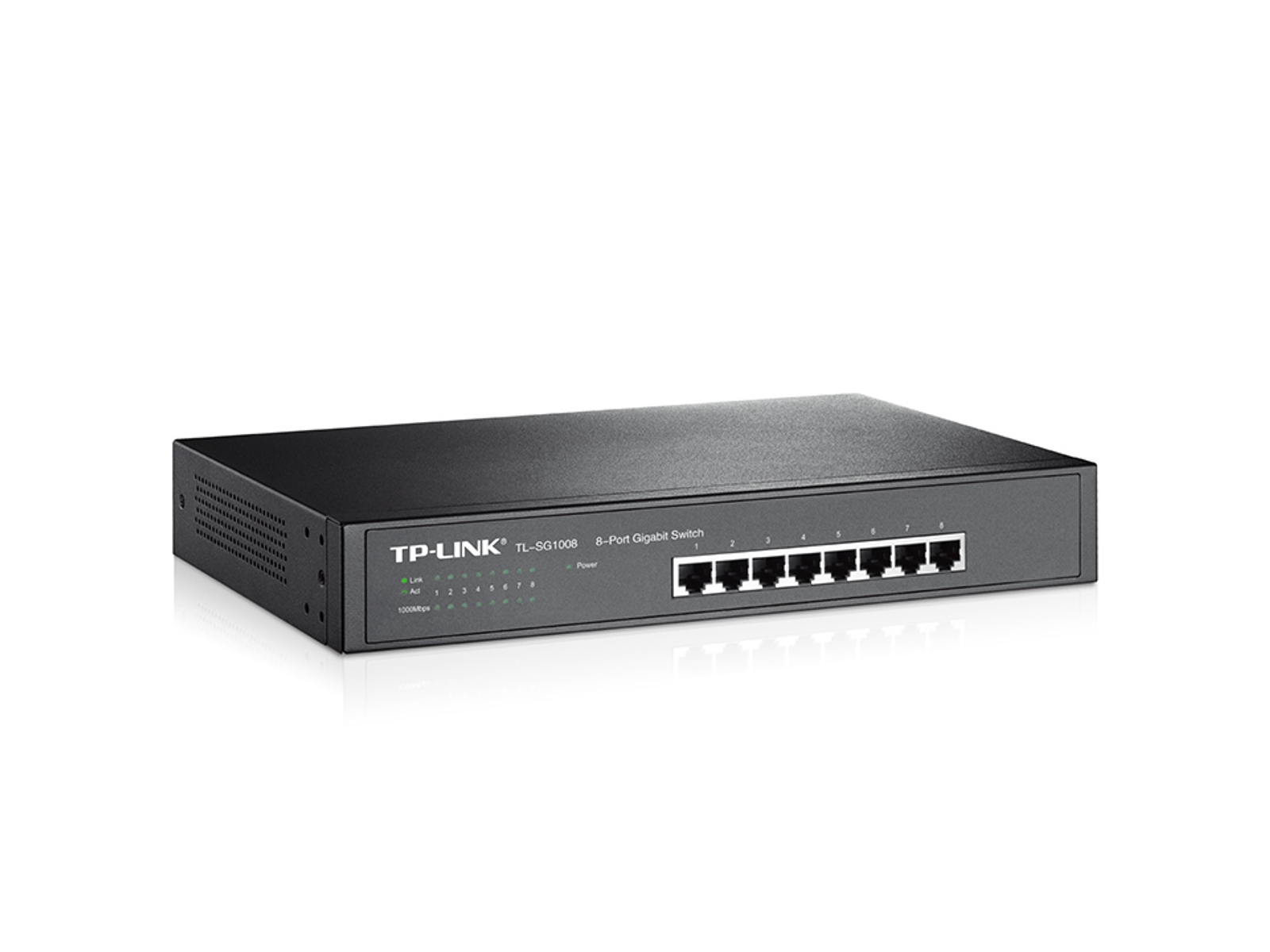 Zwarte TP-Link 8-poorts Gigabit Switch, op een wit oppervlak, met poorten zichtbaar.