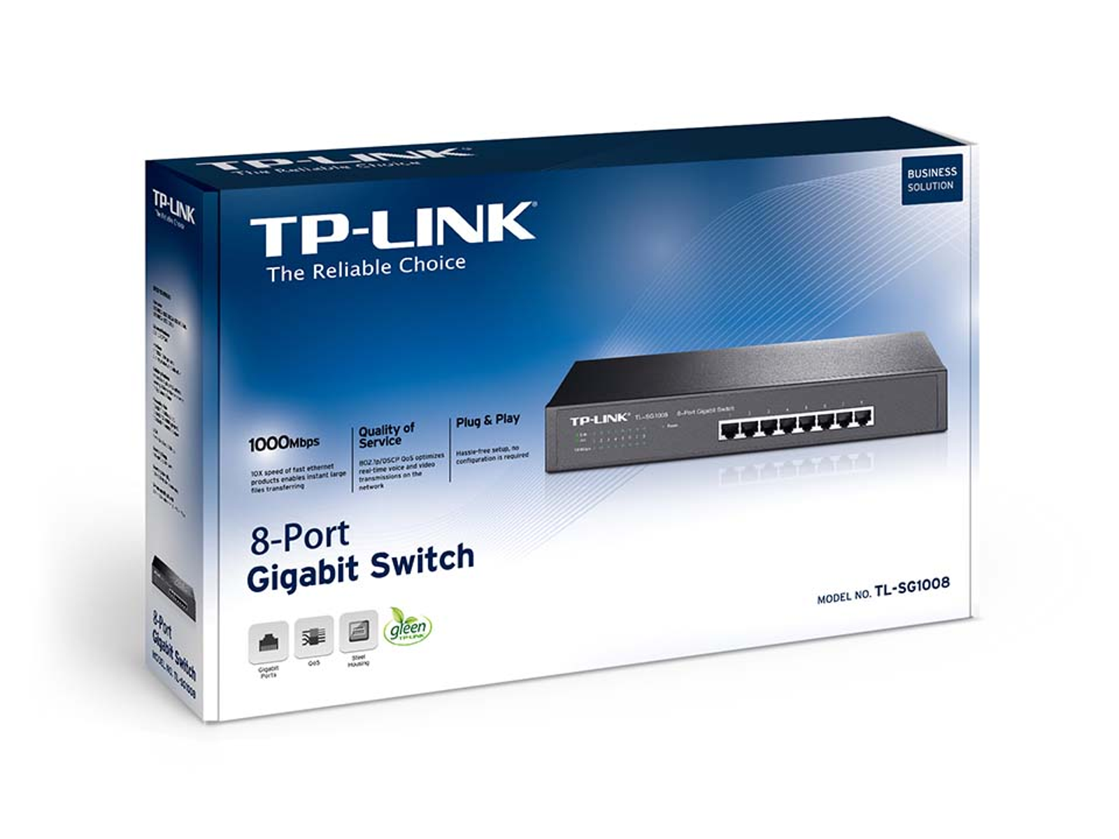 TP-Link 8-Port Gigabit Switch-doos, wit en blauw ontwerp, met productdetails.
