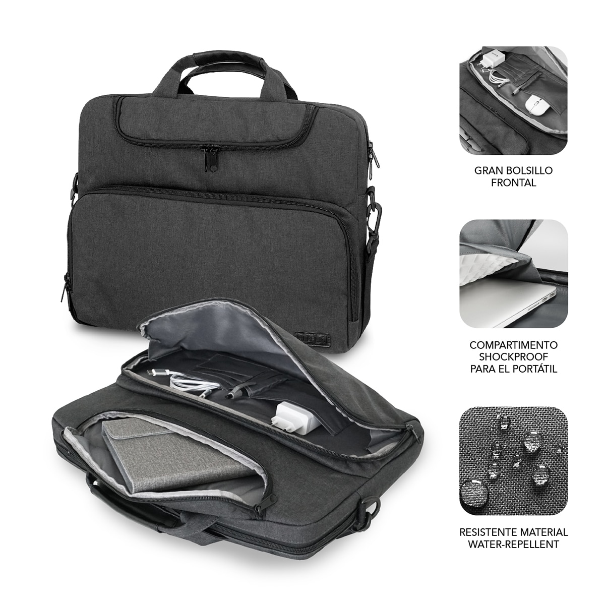 Borsa per laptop grigia, aperta con contenuto. Dettagli tasche e resistenza all'acqua.